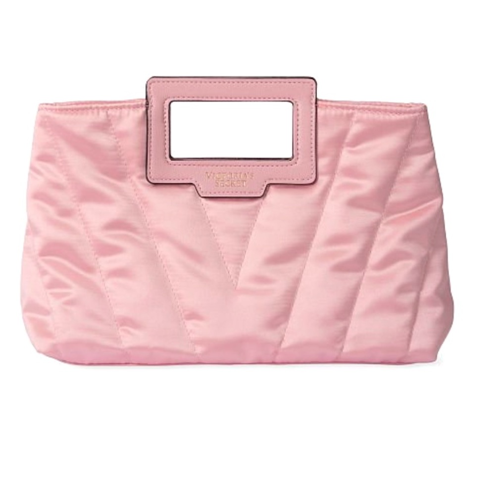 VICTORIA'S SECRET V Logo Chevron Party Satin Clutch Pink Quilt Lightweight